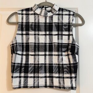Bebe Black White Plaid Sleeveless Mock Neck Crop Top